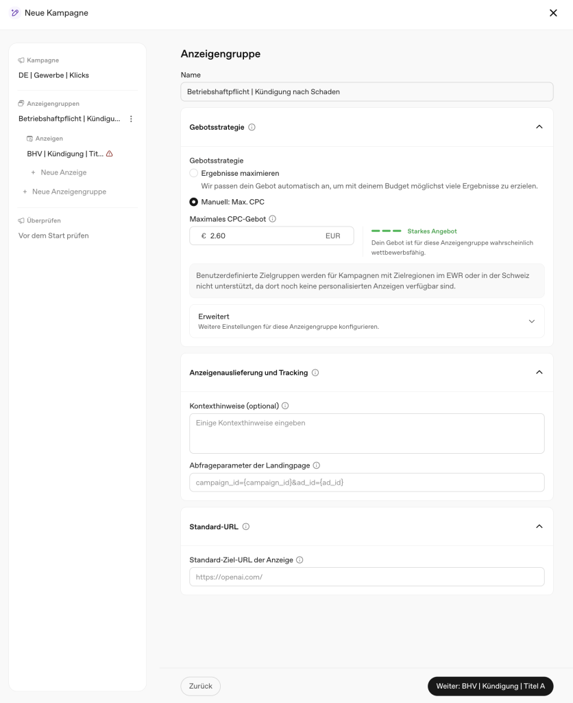 Gebotseinstellung im ChatGPT Ads Manager mit einem maximalen CPC-Gebot von 2,60 Euro und der Bewertung Starkes Angebot
Die Anzeigengruppe mit manueller Gebotseinstellung. Die 2,60 Euro sind ein Vorschlag des Systems, kein Marktpreis.