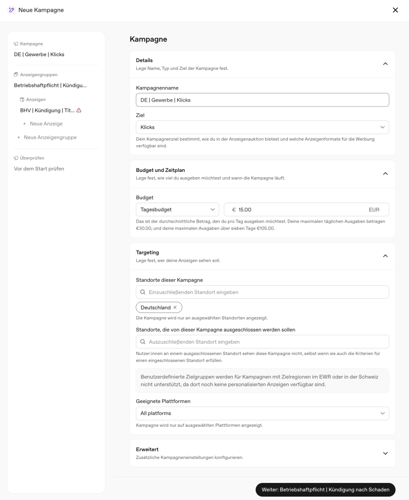 Kampagneneinstellungen im ChatGPT Ads Manager mit Standort Deutschland und dem Hinweis, dass benutzerdefinierte Zielgruppen im EWR nicht unterstützt werden
Die Kampagnenebene. Der Hinweis zu benutzerdefinierten Zielgruppen im EWR erscheint an zwei Stellen im Buchungsprozess.
