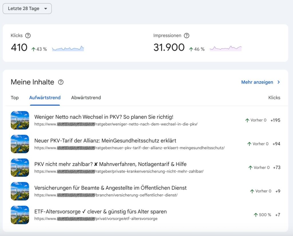 Google Search Console 28-Tage-Vergleich einer Website für Versicherungsmakler nach Relaunch