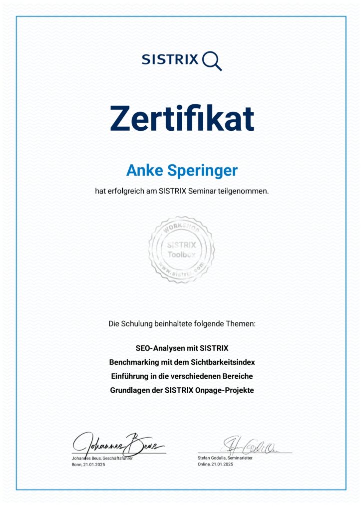 Sistrix Toolbox Zertifikat 2025-01-21