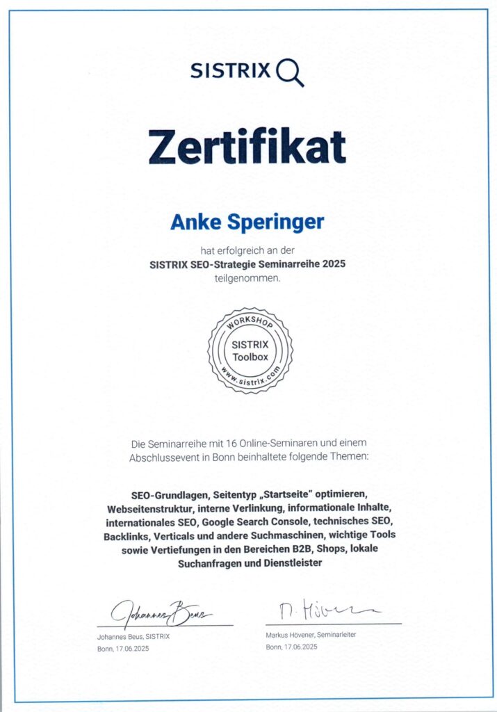 Sistrix SEO-Strategie-Seminarreihe Certificate 2025-06-17