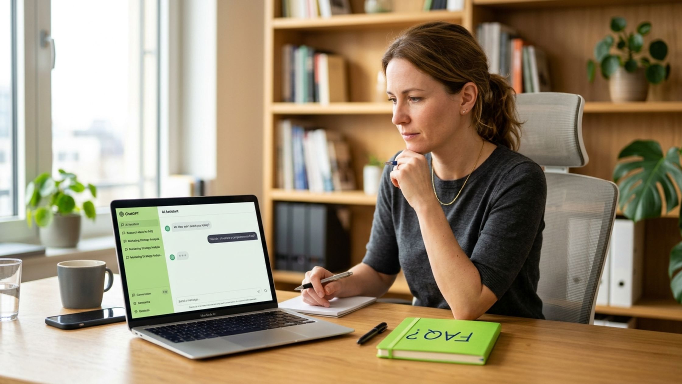 Eine moderne Business-Situation in einem hellen, aufgeräumten Büro: Im Vordergrund eine Frau sitzt vor einem Laptop und blickt nachdenklich auf den Bildschirm. Auf dem Screen ist eine ChatGPT-Oberfläche sichtbar. Neben dem Laptop liegt ein Notizbuch, auf dem handschriftlich „FAQ?" steht.